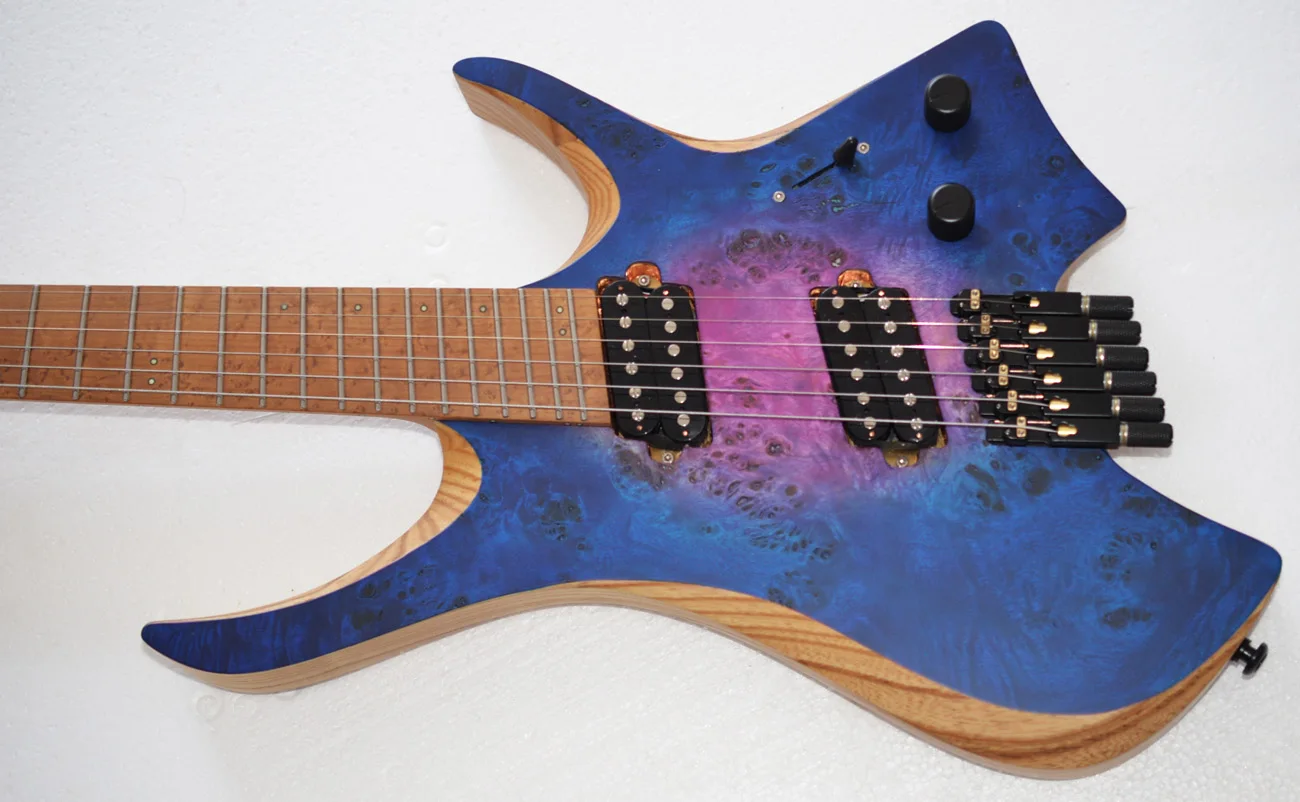 2024 NKGuitar Fanned frets 6 Strings Headless Electric Guitar Blue+pink Roasted birdseye maple fretboard HH pickups Poplar Burl