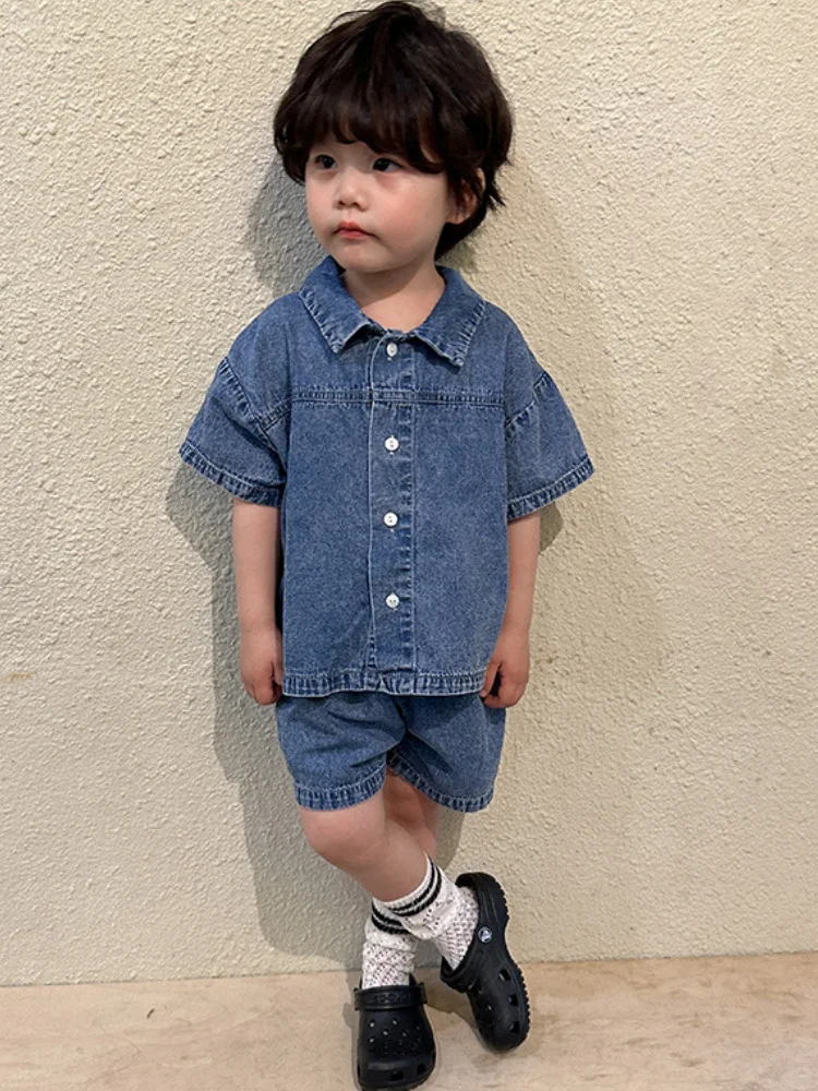 Children\'s Summer Denim Set Boys\' 2024 New Baby Short Sleeve Summer Dress Girls\' Dress Siblings\' 80-150cm Cute Korean Fashion