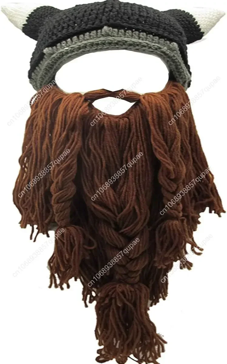 

Viking Beard Beanie Horn Hat Winter Warm Mask Knitted Wool Funny Skull Cap