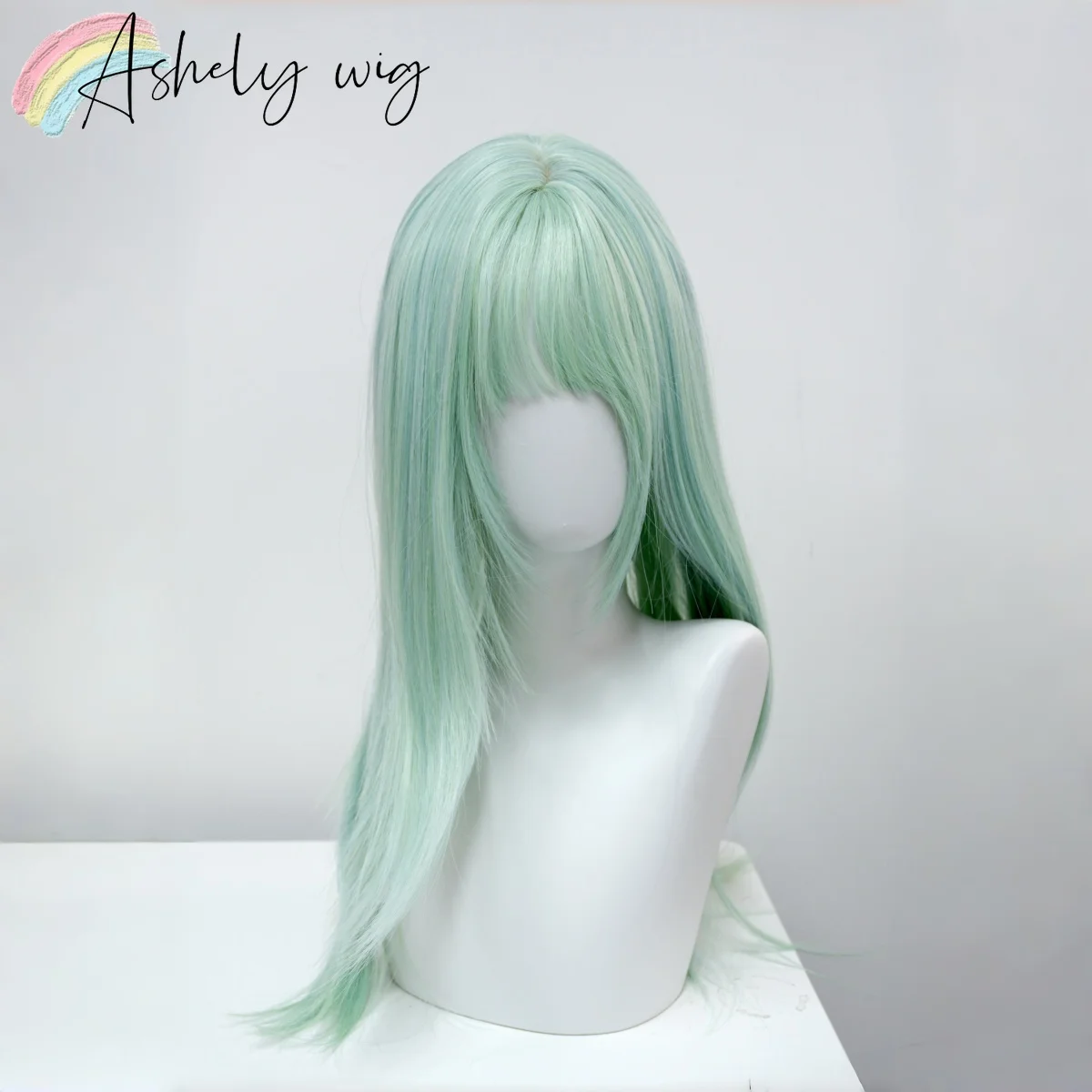 Ashely Mint Green Wig with Bangs 24inch Long Straight Hair Wig for Women Lolita Cute Synthetic Wigs  Cosplay Парик Perruque