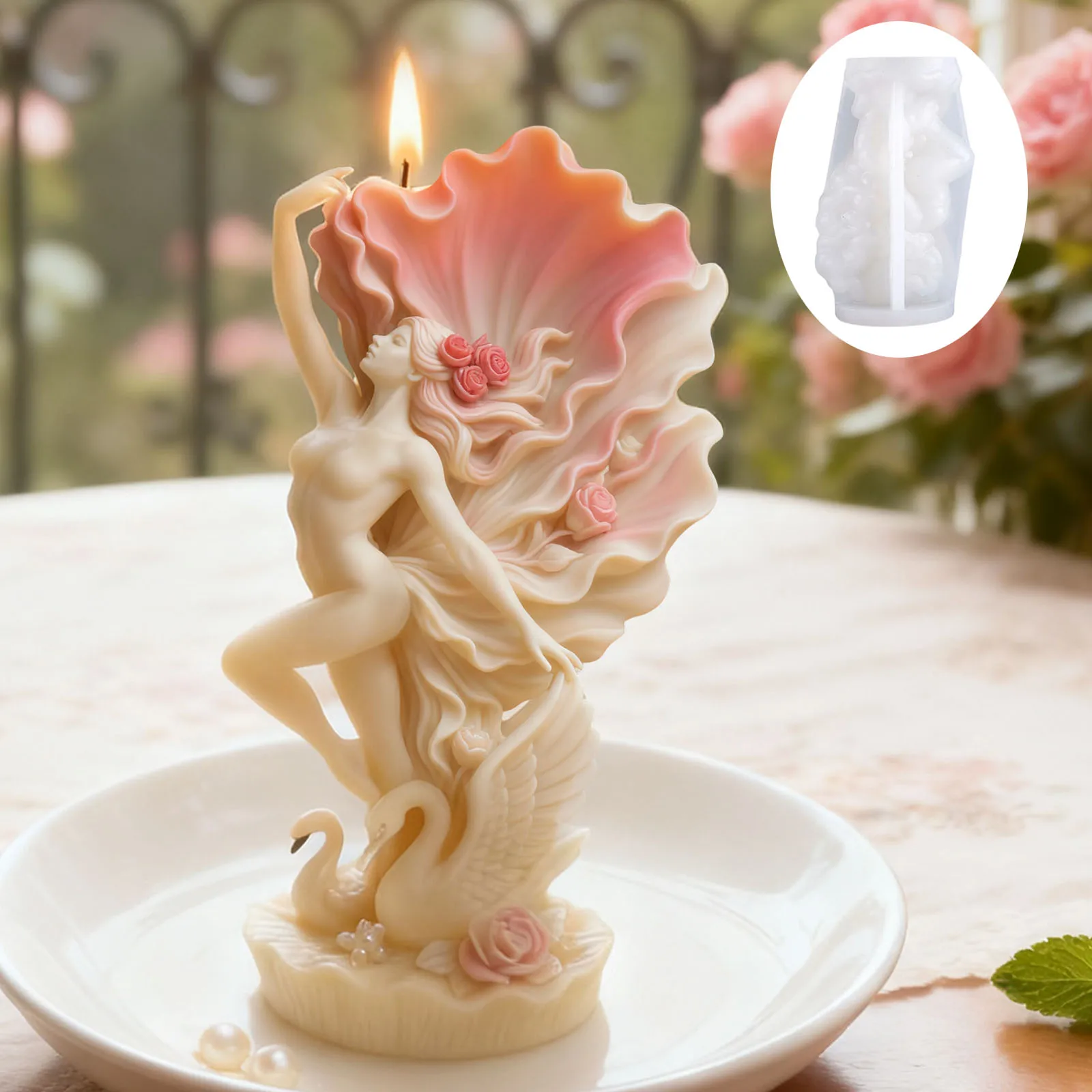 Elegant Swan Dancer Candle Mold: Petal-shaped skirt, swan relief. Scented candle, creating a luxurious and romantic corner in th