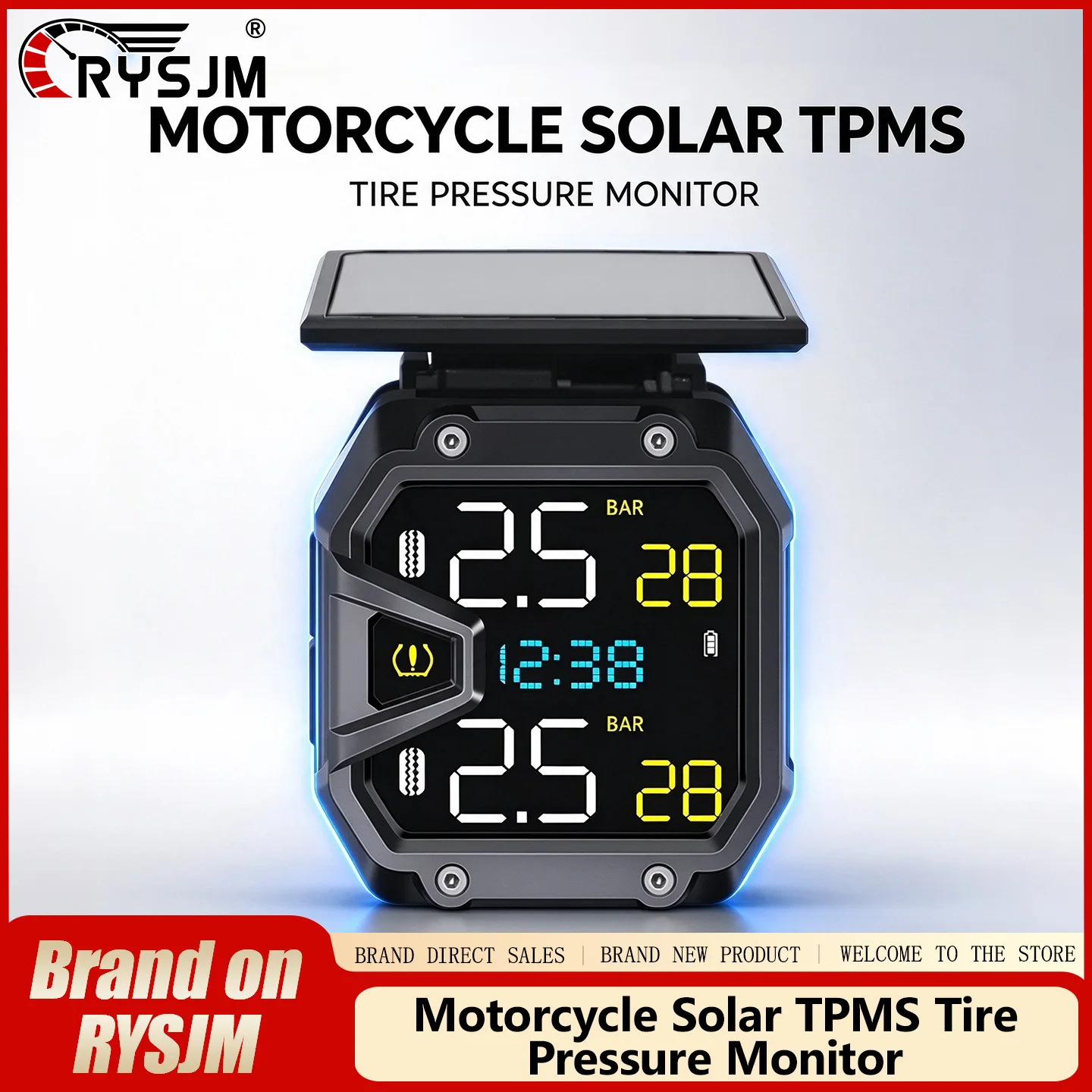 Solar Motorcycle TPMS Tire Pressure Monitoring System 2 External Sensors Real-time Tyre Press Temp Alarm for Motorbike Handlebar