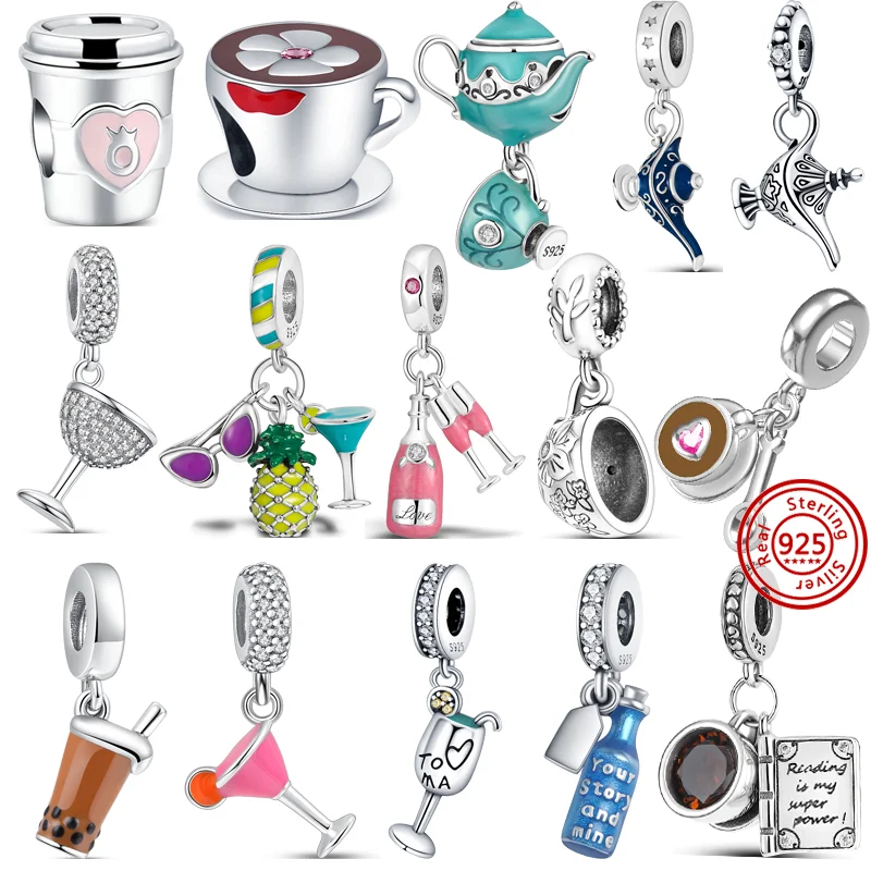 

925 Silver Murano Glass Bubble Tea Coffee Cup Teapot Teacup Goblet Dangle Charm Fit Original Pandora Bracelet Women Bead Jewelry