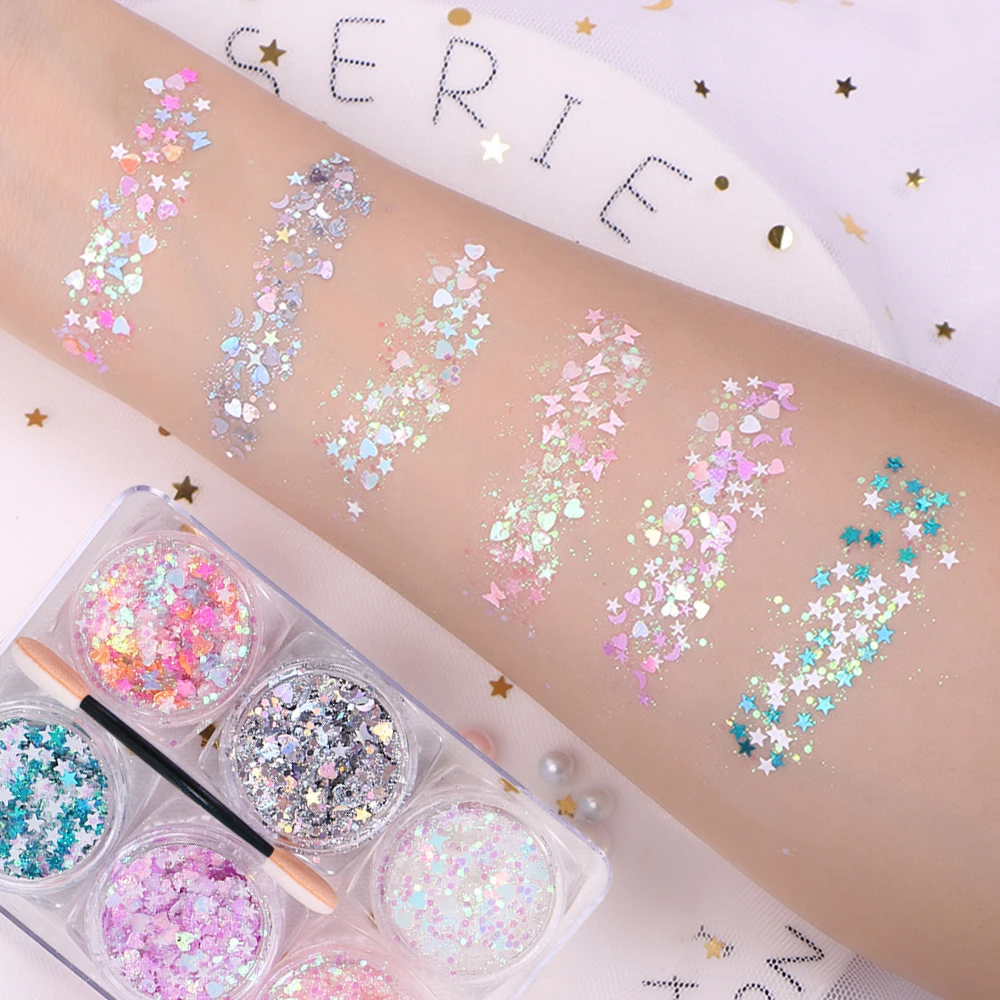 6Jars Festival Body Glitter Gel Nail Hair Face Flash Eye Loose Sequin Cream Diamond Jewels DIY Lips Eye Glitter for Makeup Party