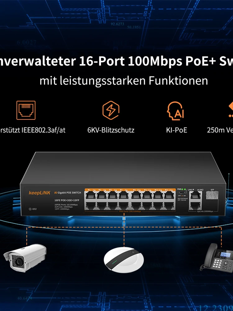 KeepLiNK 19-Port-Netzwerk-Switch mit 16 x 10/100Mbps PoE und 2 x 10/100/1000GbE und 1 x SFP Uplink Plug-and-Play