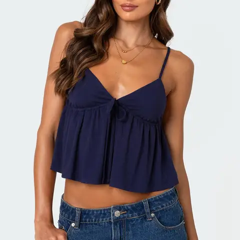 Women Babydoll Cami Tops Solid Color Tie-up V Neck Spaghetti Strap Open Back Crop Ruffle Shirts Casual Summer Streetwear