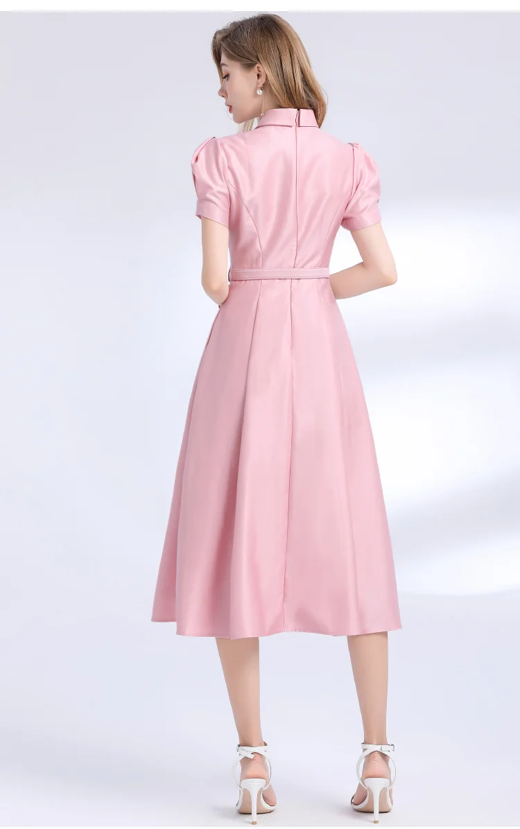 Elegant Temperament Satin Women's Dress New Fashion Solid Bow collar Beaded Slimming Waist Party Dresses