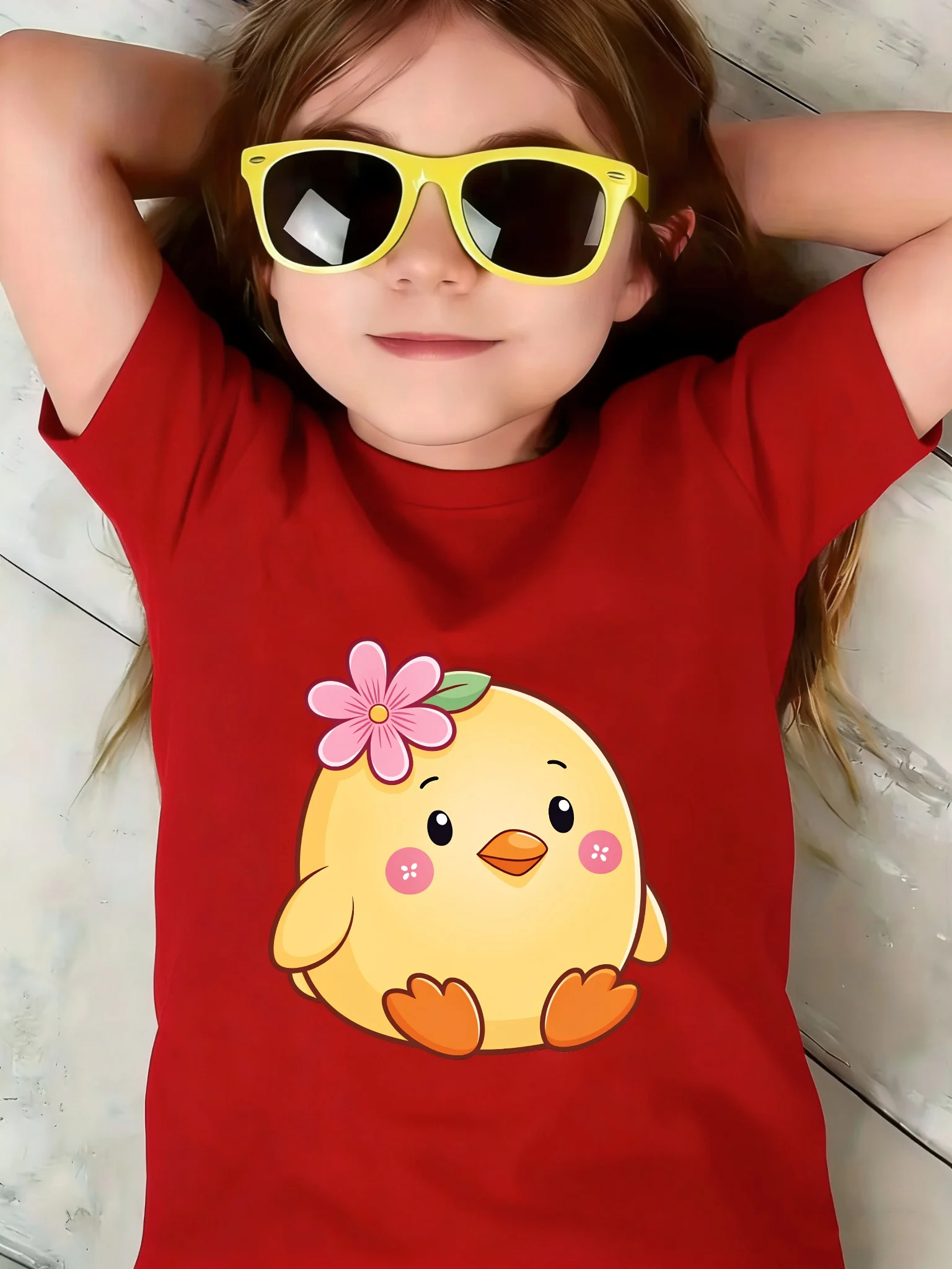Kids Boys Girls Matching Tee Yellow Chick Pink Flower Graphic Short Sleeve Crew Neck Toddler Casual Spring Holiday Daily Outfit