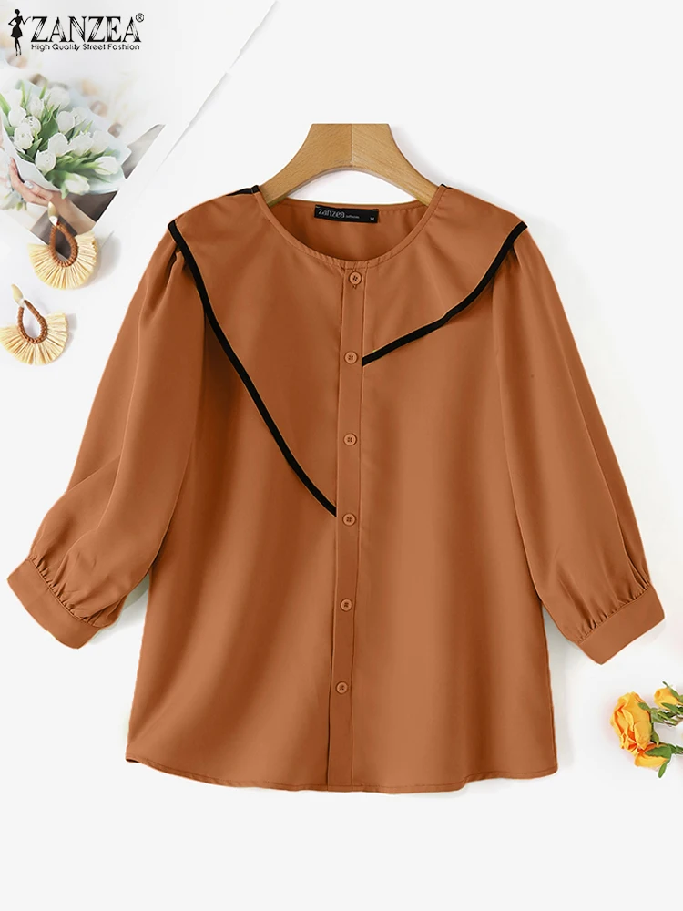 

ZANZEA Elegant Lantern Sleeve Blouse Women Summer Solid OL Work Shirt Fashion Buttons Down Tops Tunic O Neck Casual Loose Blusas