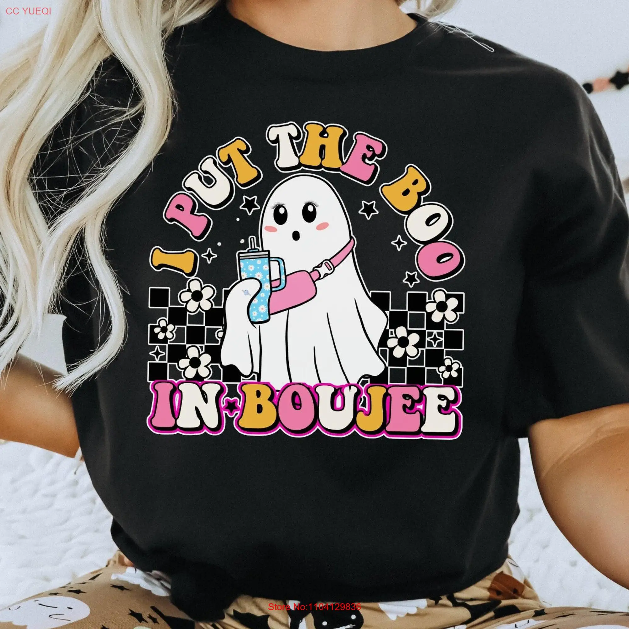 Boo in Boujie GhosT T Shirt Halloween Cute Ghostie Womens Party Girlie Fall Spooky Season for Her long or short sleeves