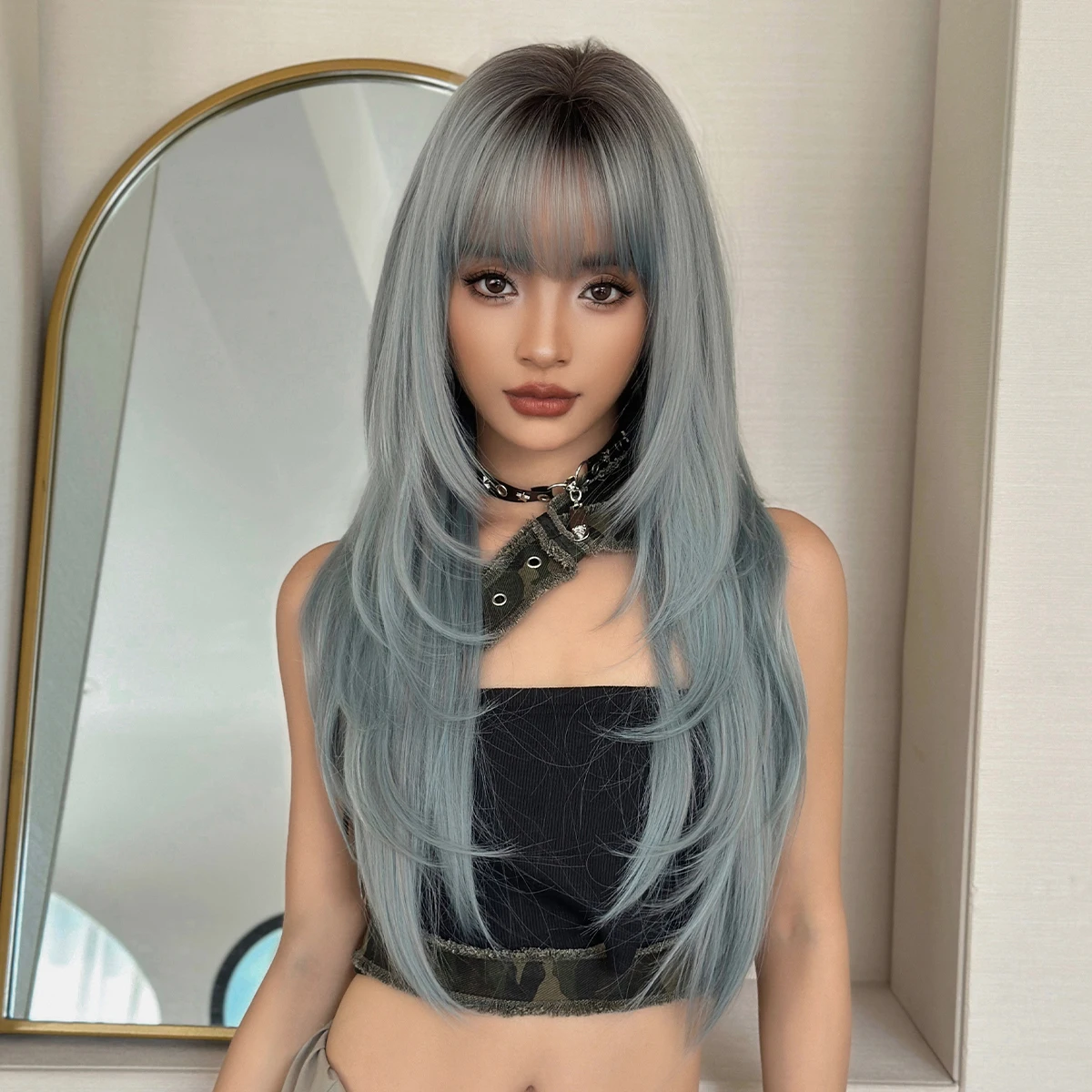 7JHH WIGS Long Straight Ash Blue Wig for Women Synthetic Layered Heat-Resistant Modest Fashion Wear and Go Wigs with Dark Roots