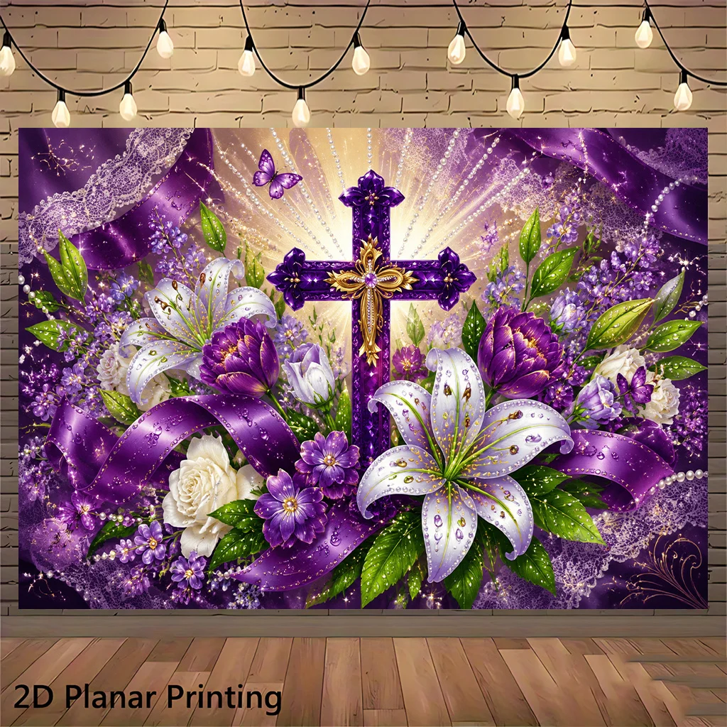 Divine Floral Cross Christian Tapestry Canvas Wall Art Purple Baroque Spiritual Elegant Gothic Home Decor Decor Print