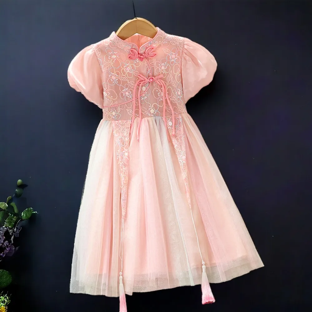 

Baby Kids lolita Hanfu Dresses for Girls Outfits Pink Party Dress Summer Short Sleeve Children Princess Costumes 6 9 10 12 Years