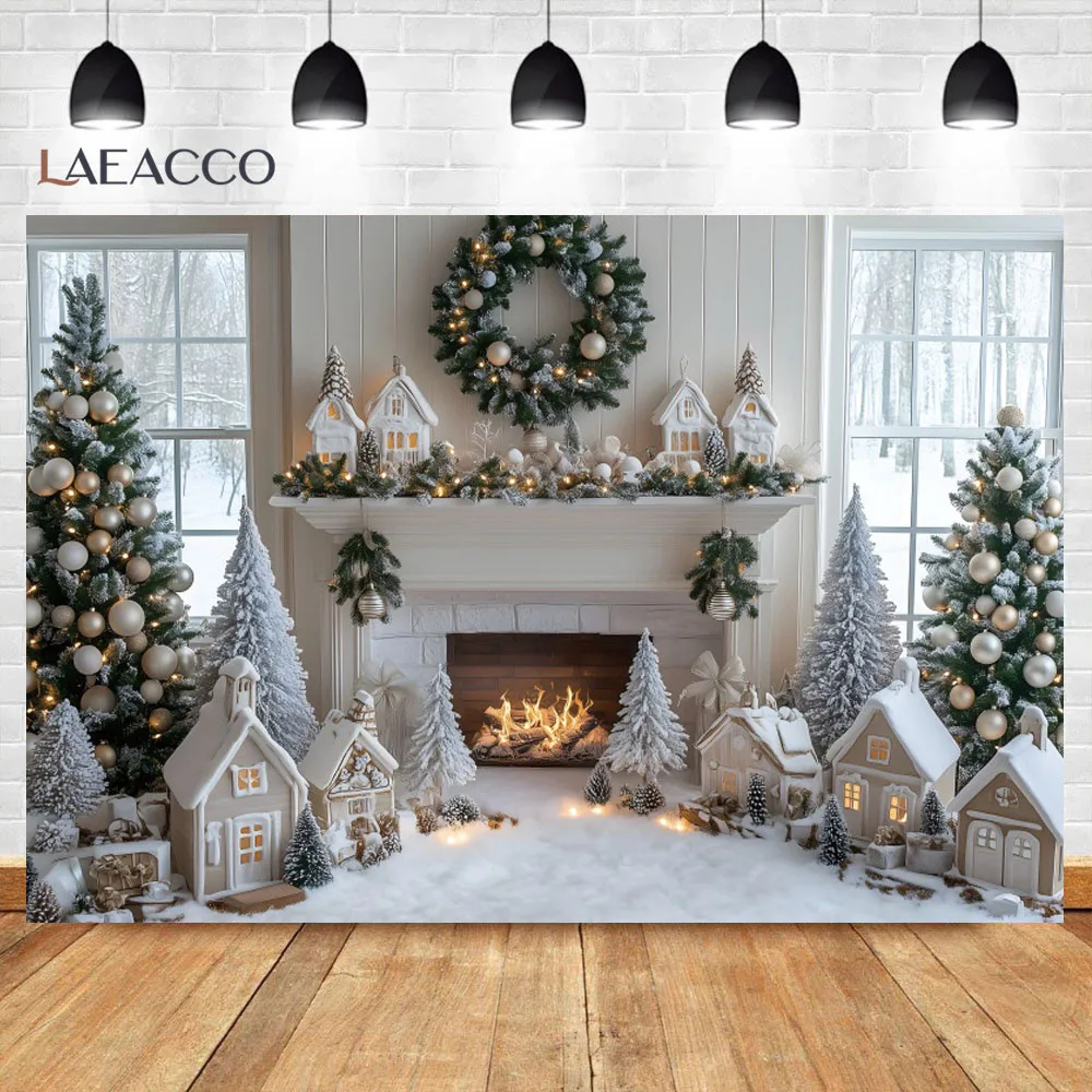 사진 촬영용 크리스마스 트리 배경, 실내 흰색 벽난로 캐빈 크리스마스 트리 선물, 어린이 가족 파티 배경, 사진 스튜디오