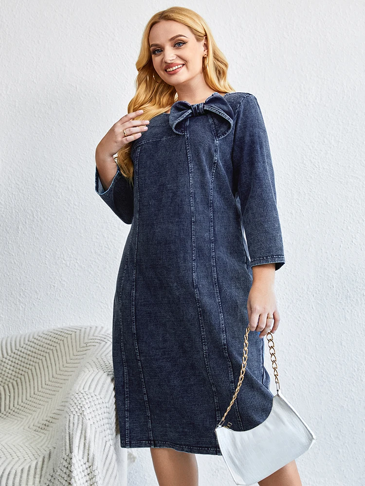 LIH HUA Women\'s Plus Size Denim Dress Autumn Chic Elegant Dresses For Chubby Women Cotton Knitted Bow Knot Dress