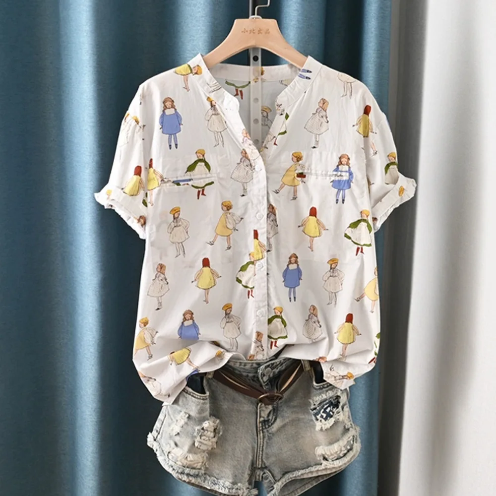 ใหม่2025ฤดูร้อนผ้าฝ้ายแขนสั้นเสื้อผู้หญิงVคอการ์ตูนพิมพ์, Moriสาวสบายๆลดอายุเสื้อหลวมT54041CC