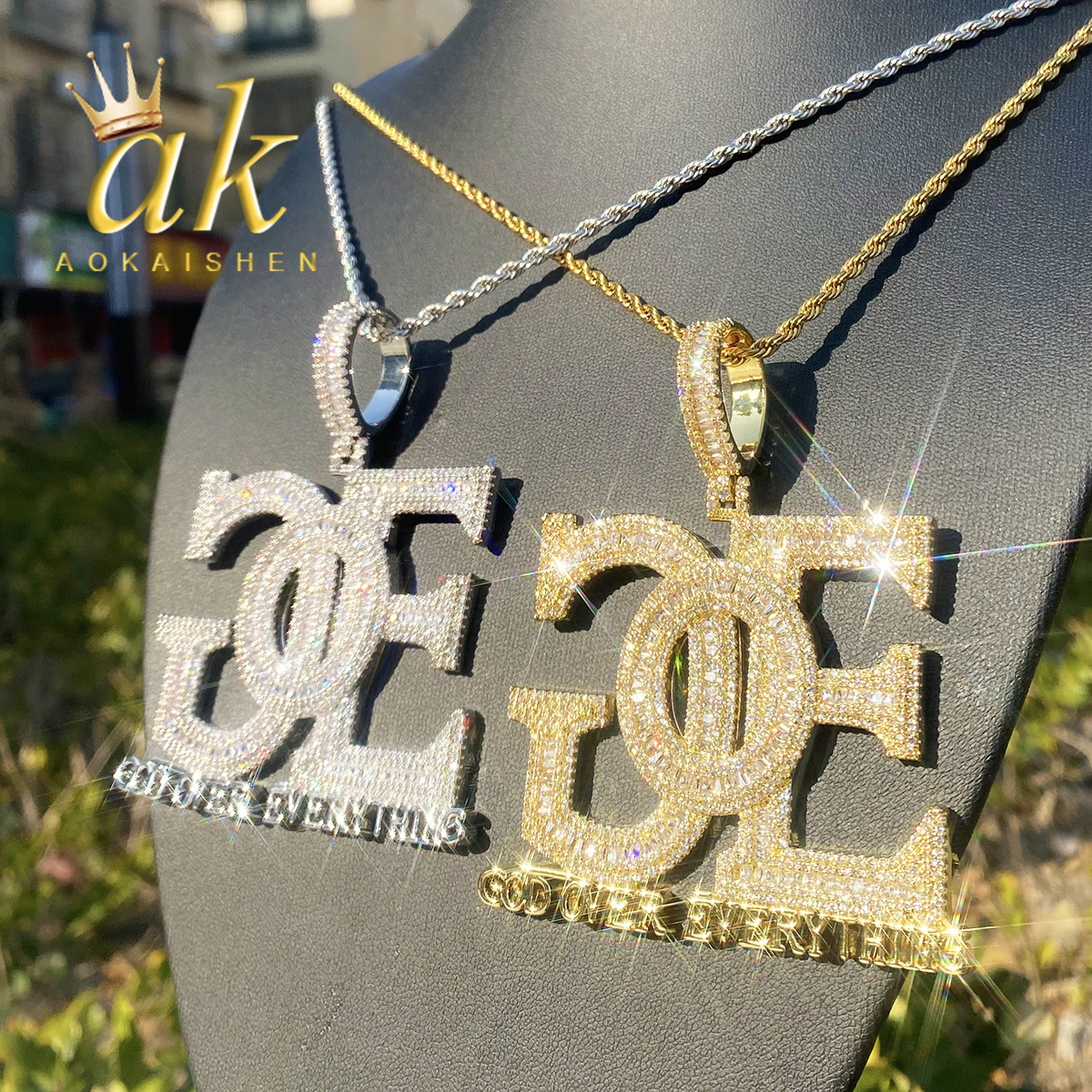 Aokaishen Iced Out Backside God Over Everything Necklace Pendant for Men Rapper Street Cubic Zirconia Hip Hop Jewelry
