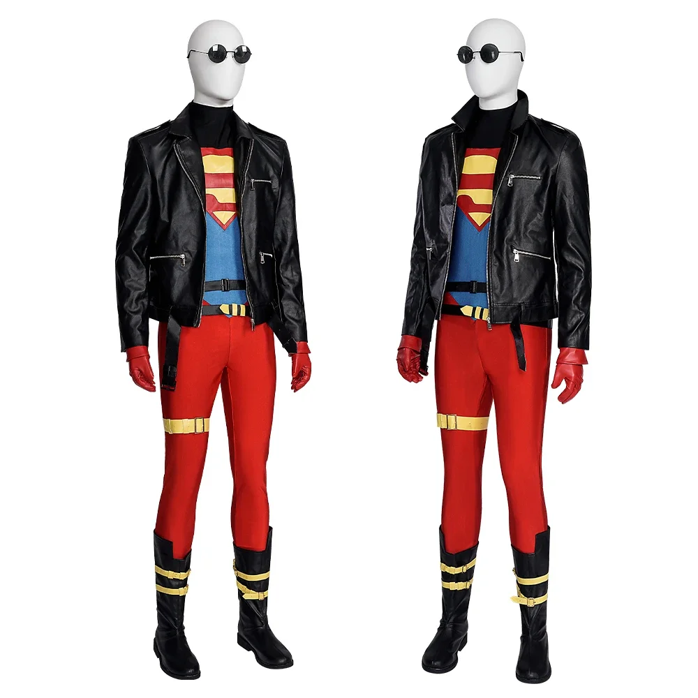 Anime Cos Super Boy Conner Cosplay Kent Costume Jumpsuit Leather Jacket Full Set Adult Men's Superhero Halloween Party Suit