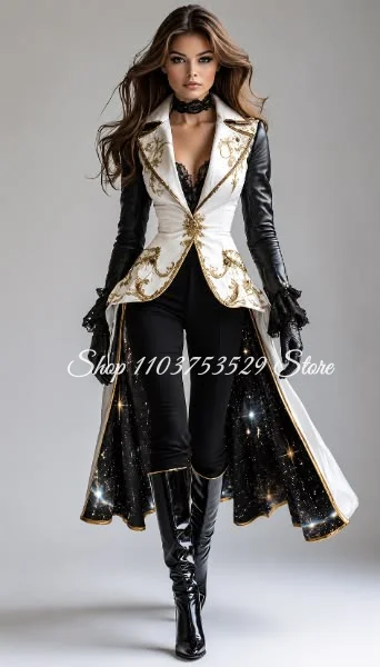 Customized White Black Victorian Pirate Two Piece Costume Gold Baroque Embroidery Long Tail Coat Fantasy Cosplay Party Outfit