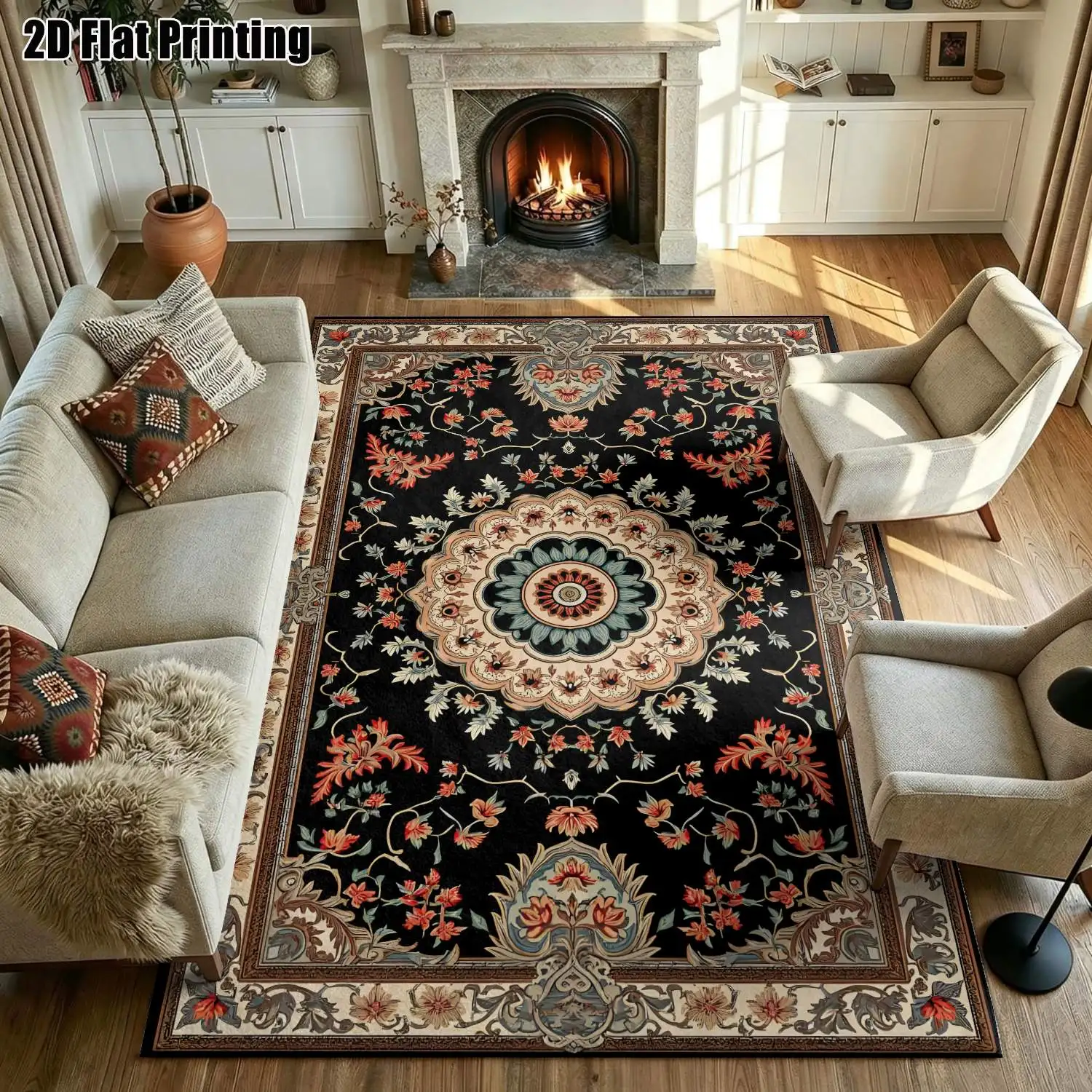 1Pc 2D Printed Carpet: Black Base, Red Floral Pattern European Vintage & Bohemian Geometric Floral, Home Decor, Multi-Size, Machine Washable, for Entryway, Dining Room, Foyer, Bedroom, Living Room, Study.