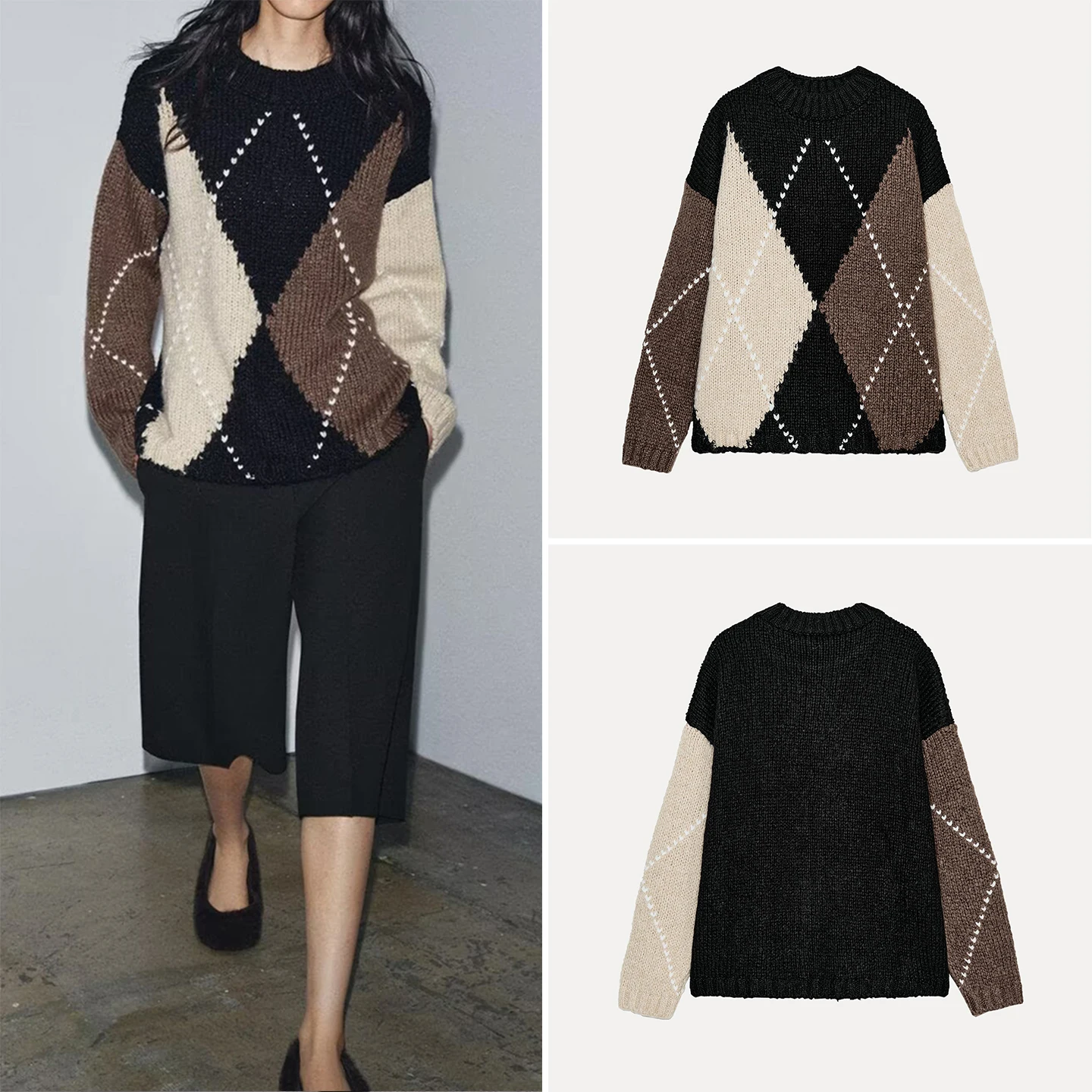 

Модный повседневный женский вязаный свитер с ромбовидным узором, свободный крой, длинный свек, круглый Ne, стандартной длины, осеннее новое поступление