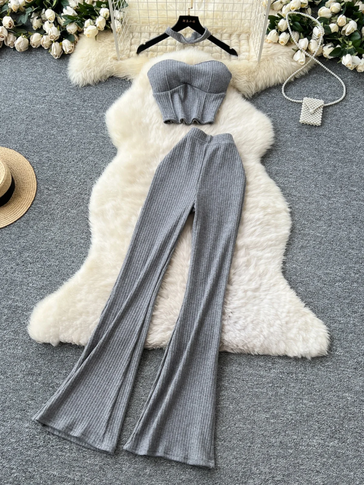 

Hot Girl Pure Desire Sleeveless Slim Fit Tube Top High Waist Tight Butt Micro Flare Long Pants Women's Fashion Set Summer 2025