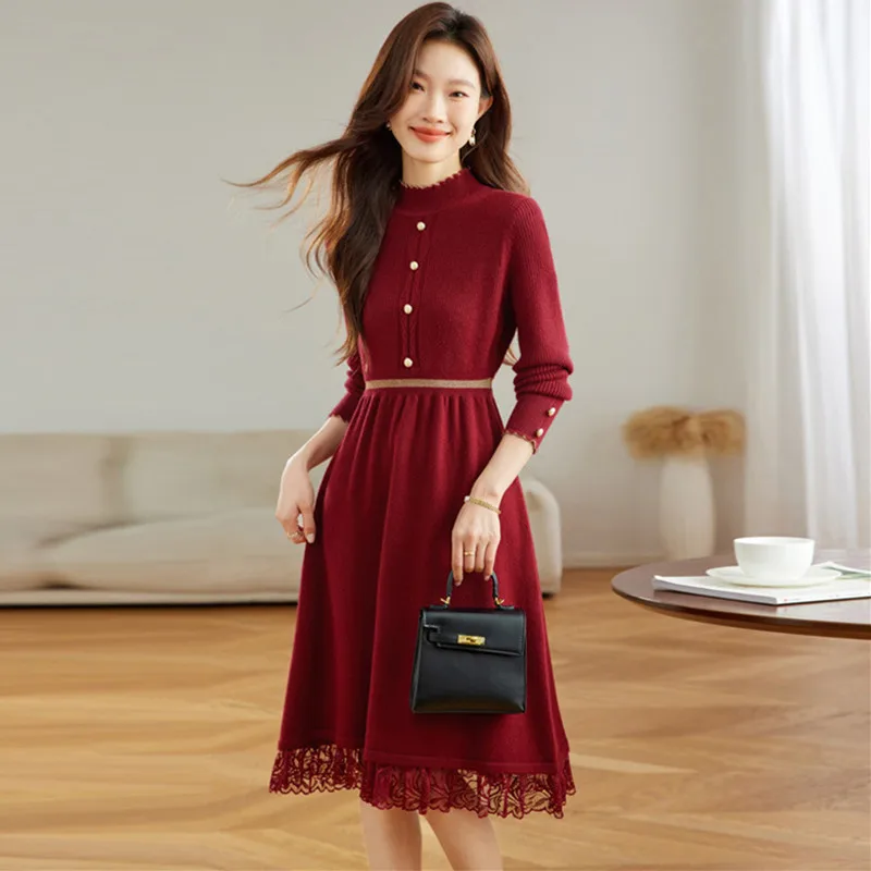 

Fashion Temperament Ladies Pullovers Knitwear Slim A-line Dress Spring Autumn Women's Sweater Woolen Jumper Female Vestidos