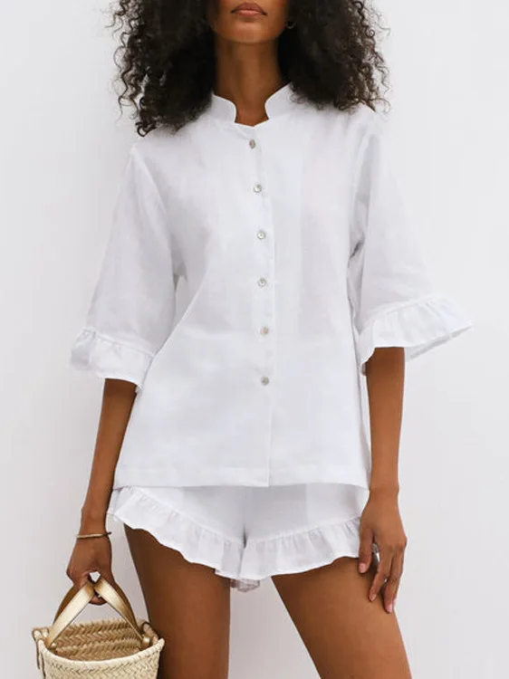 

Faionable irt Svel Top with Bell Sves Stand Collar Commute Set Женские ор Брюки Спецодежда Sle Five Sve Le...