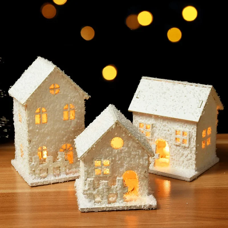 Christmas LED Light House Luminous Wooden Cabin Ornament Snow Scene Village Christmas Decoration For Home New Year Kids Gifts