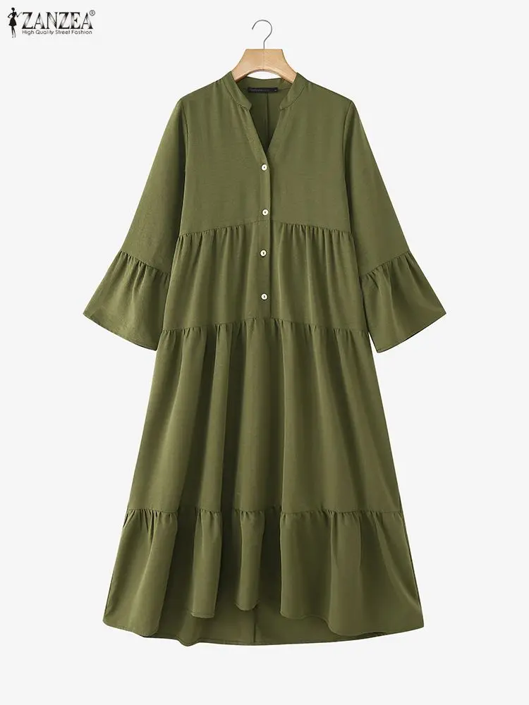 Zanzea vestido feminino casual linha a em camadas, outono 2021, cor sólida, decote em v, manga larga, meio botões, midi, vestido longo