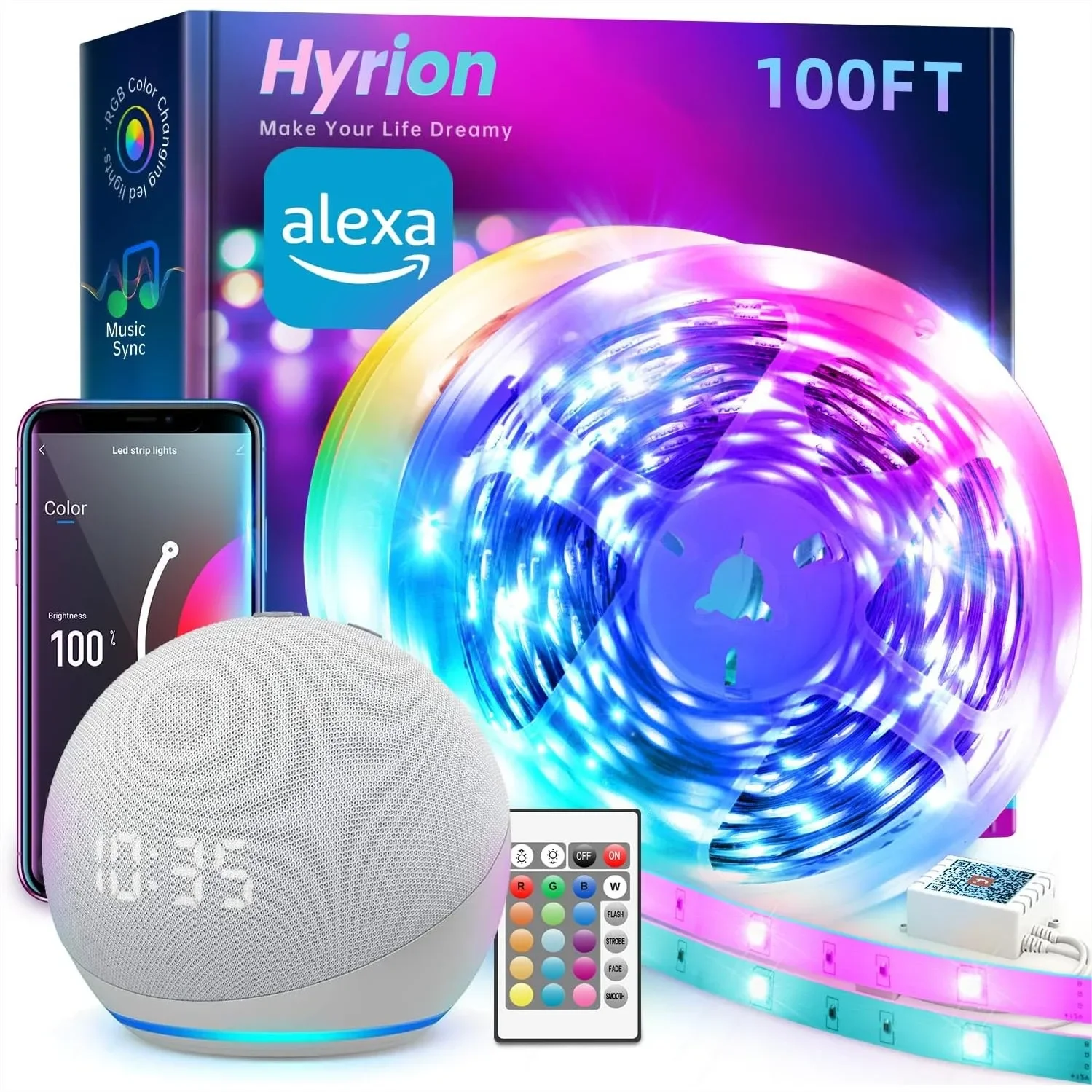 

Smart LED Strip Lights 100ft WiFi, RGB Color Changing with Alexa and Google Assistant, App & Voice Control for Bedroom Room