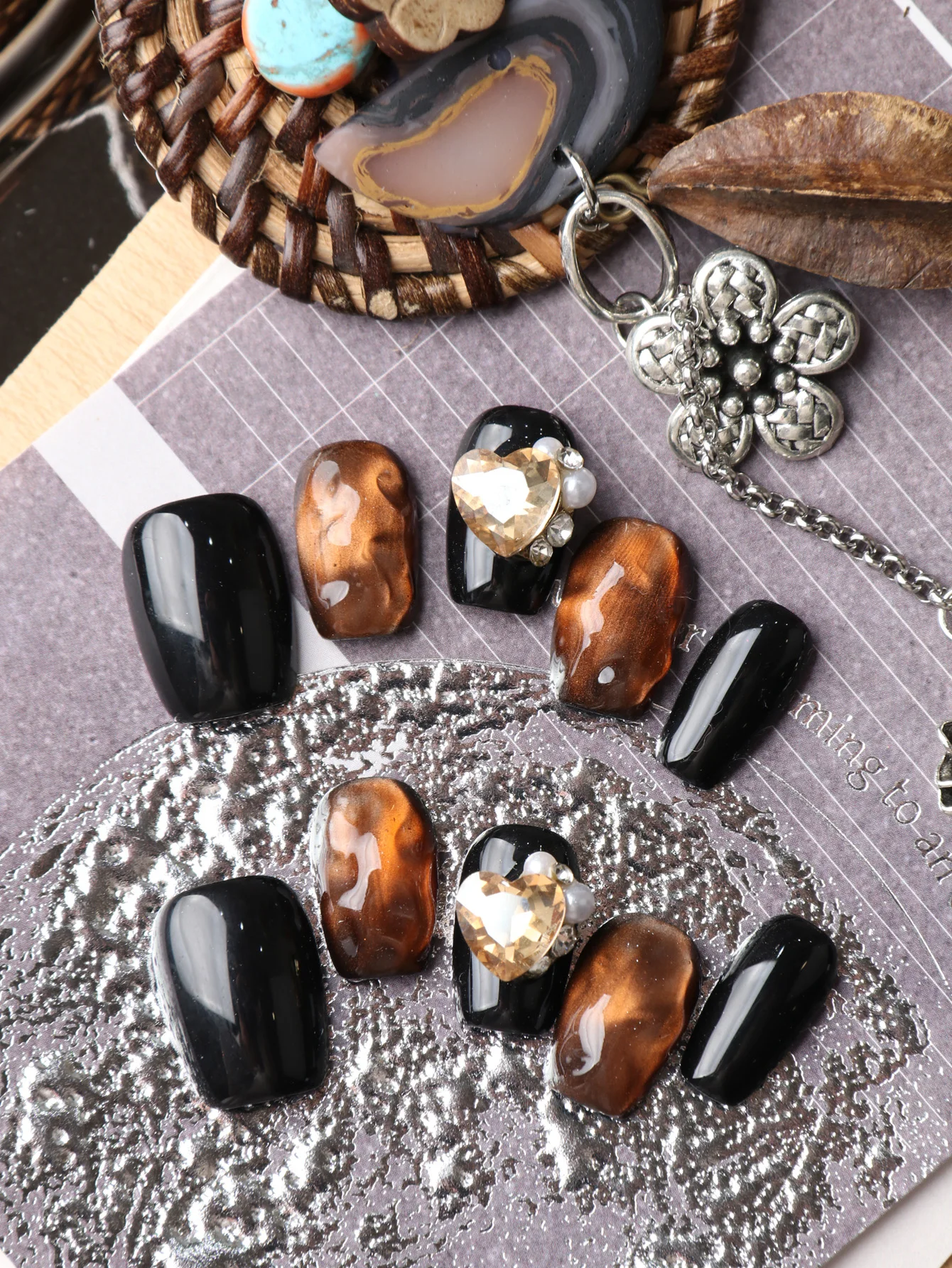 10Pcs Press on Nails Short Brown Amber Black Press on Nails Fake Nails Includes 1 Sheet of Adhesive Tabs & 1 Pc Mini File