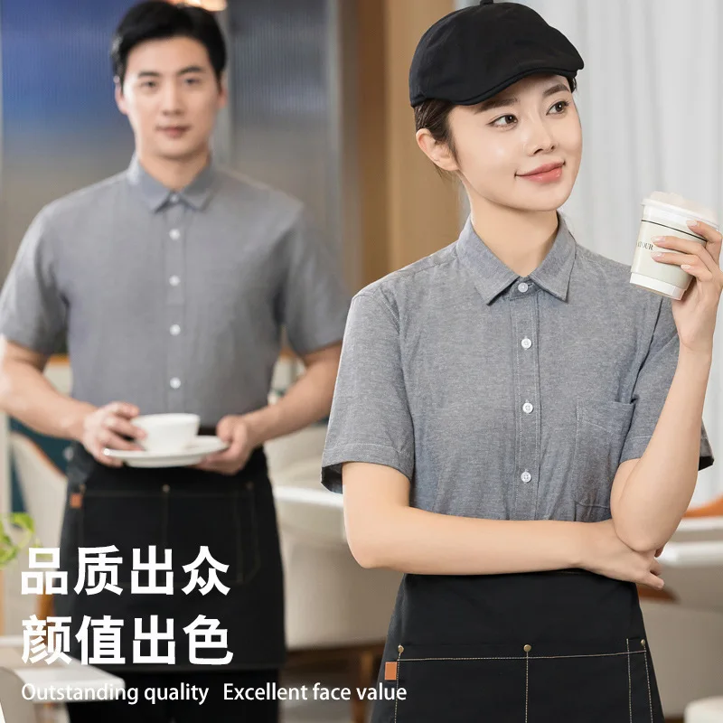 Restaurante ocidental cafeteria bife hambúrguer loja garçom uniforme de trabalho manga curta camisa verão padaria bolo loja workwear