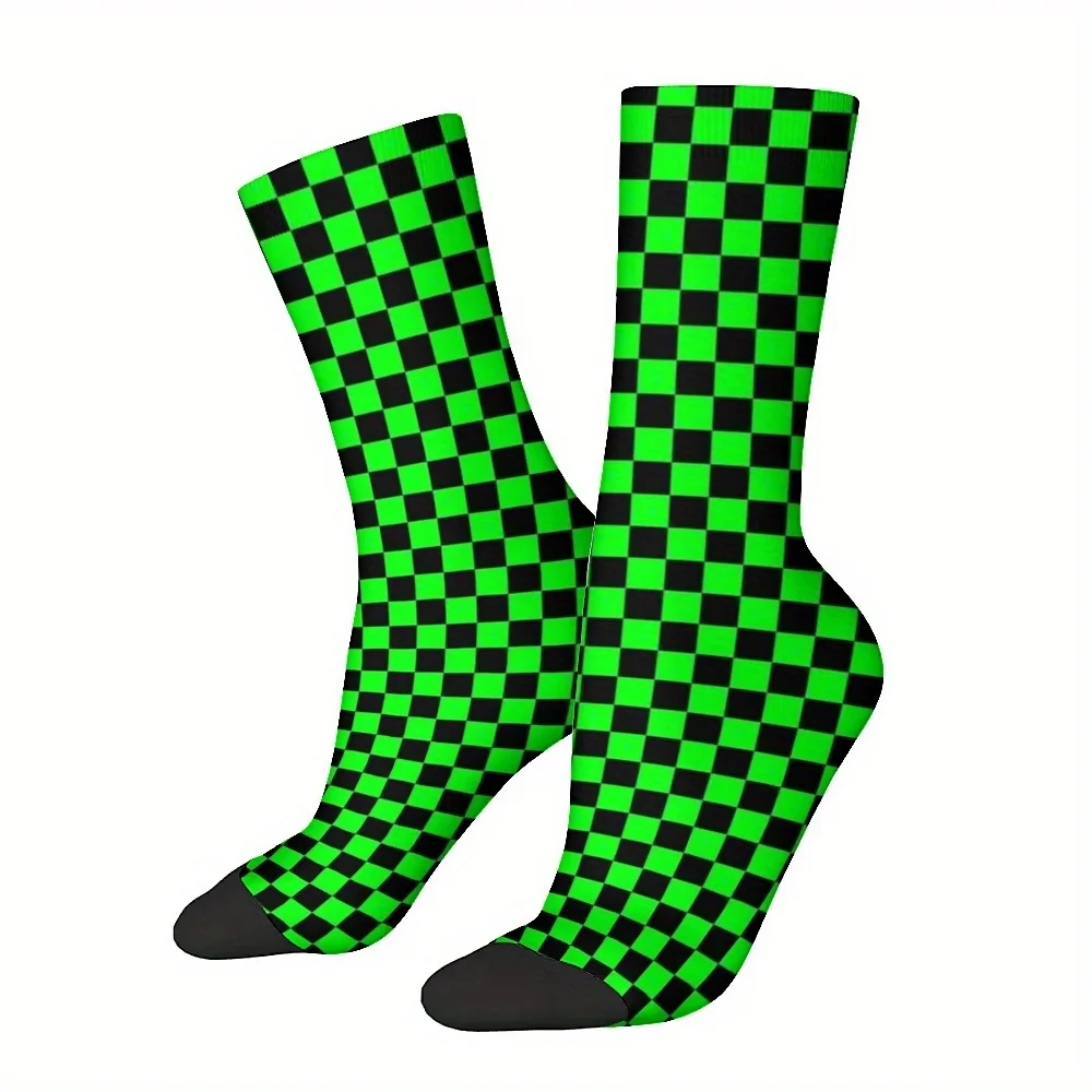 1 Pair Unisex Crew Socks, Harajuku Seamless Print, Fun Novelty Checkered Pattern, Polyester 95% Spandex 5%, Hand Wash