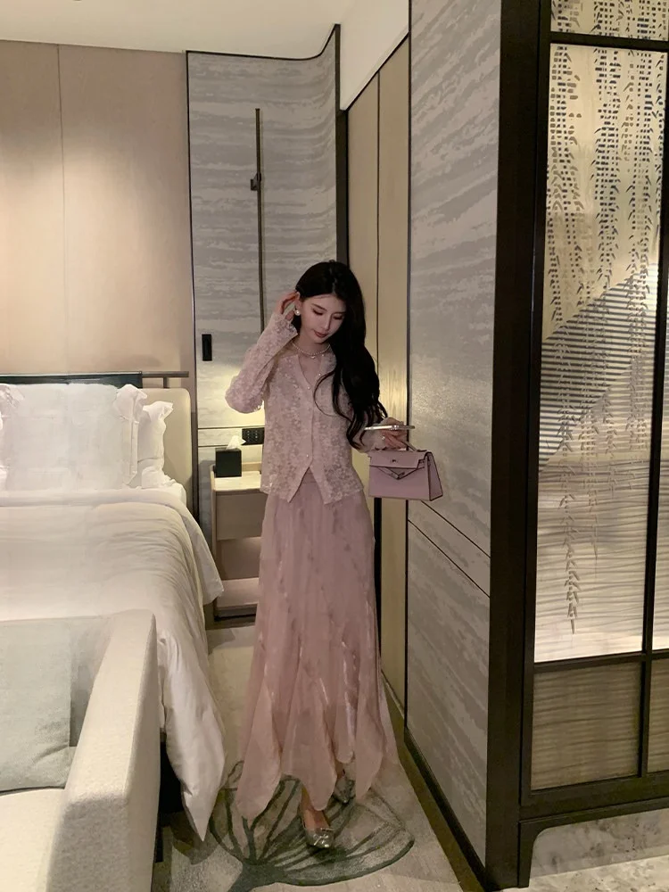 

Розовая длинная юбка А-силуэта с завышенной талией, женская, модный дизайн, весна-лето, новинка, с цветочным принтом, средней длины, для женщин