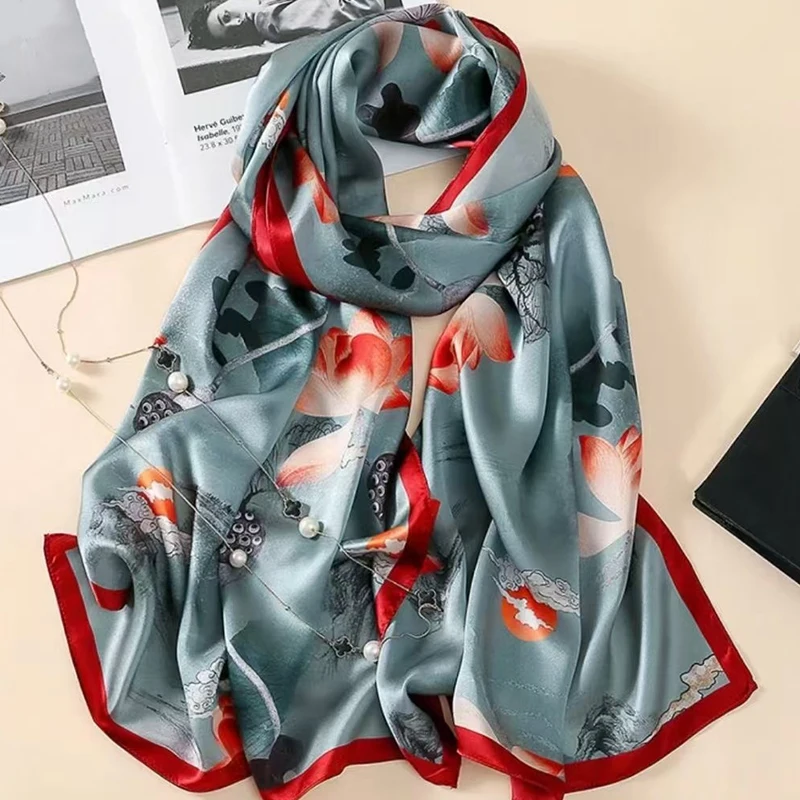 Silk Scarf Women Shawls Female Fashion Flowers For Traveling Sun Protect Sunscreen Beach Scarves Air Conditioning Wraps Luxury