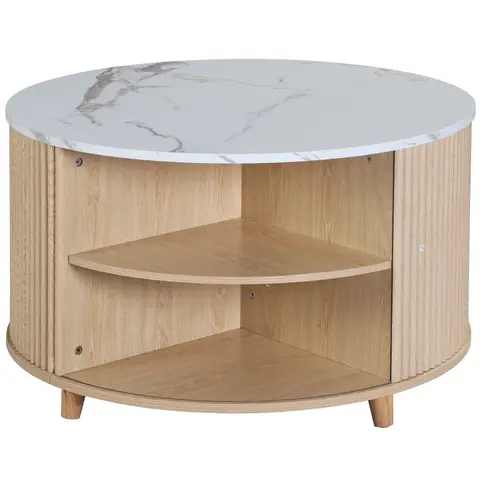 32" Round Coffee Table with Storage, Fluted Wood Center Table with Sliding Door & Flip Top Hidden Compartment, White Marble Top Accent Table for Living Room