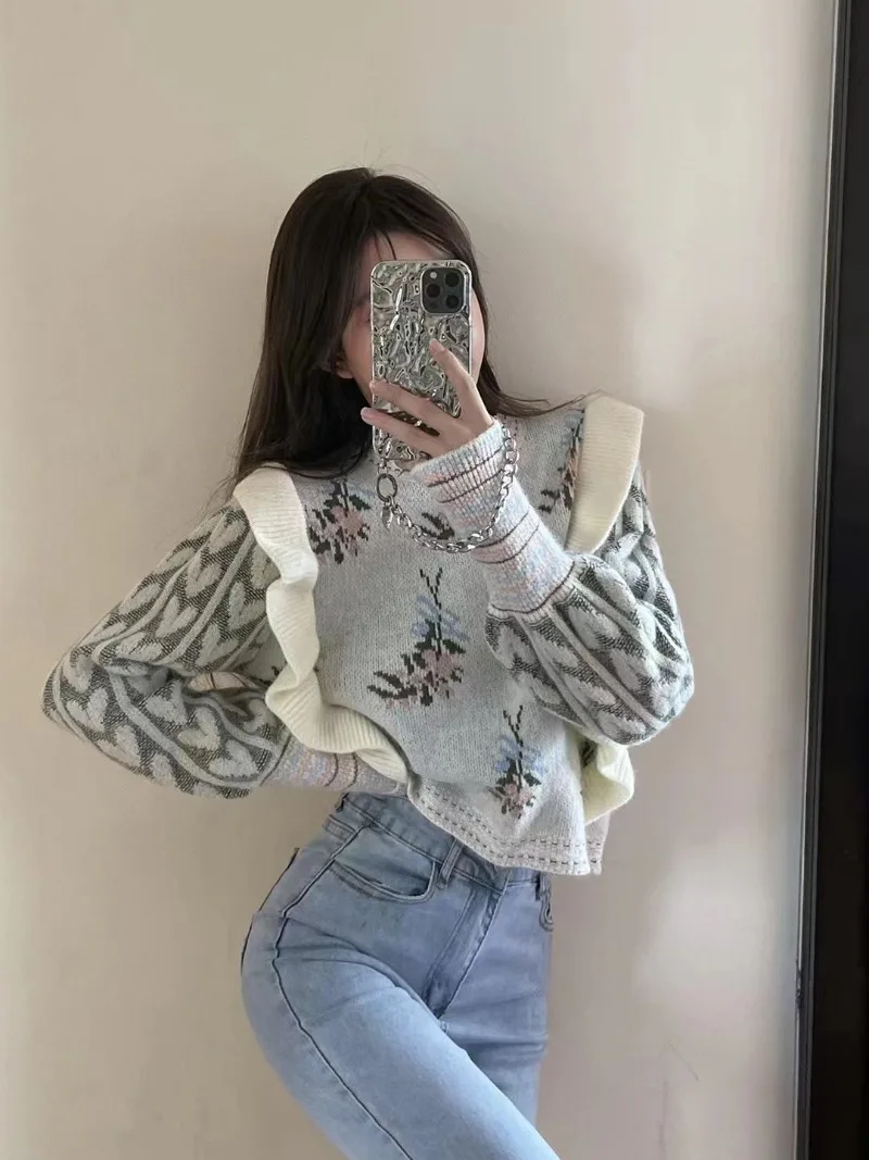 French Fashion Ruffle Edge Short Sweater for Women's High-end Autumn and Winter Lazy Style Unique Pullover Top Female Clothing