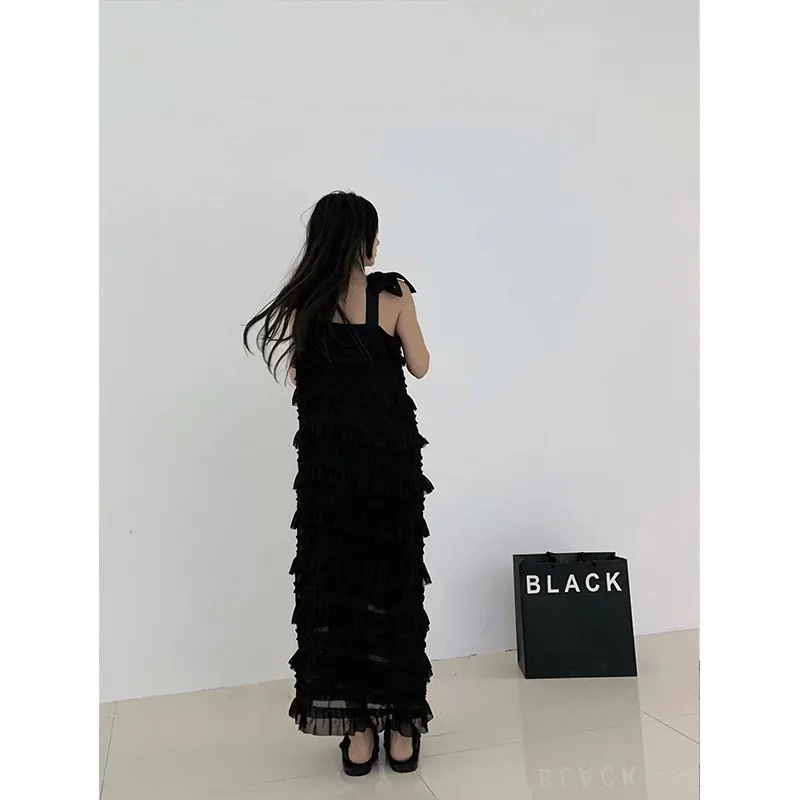 RORORIRI-Vestido com babados em camadas para mulheres, monocromático, fita, gola quadrada, peça única, roupa formal, festa de formatura, preto, verão