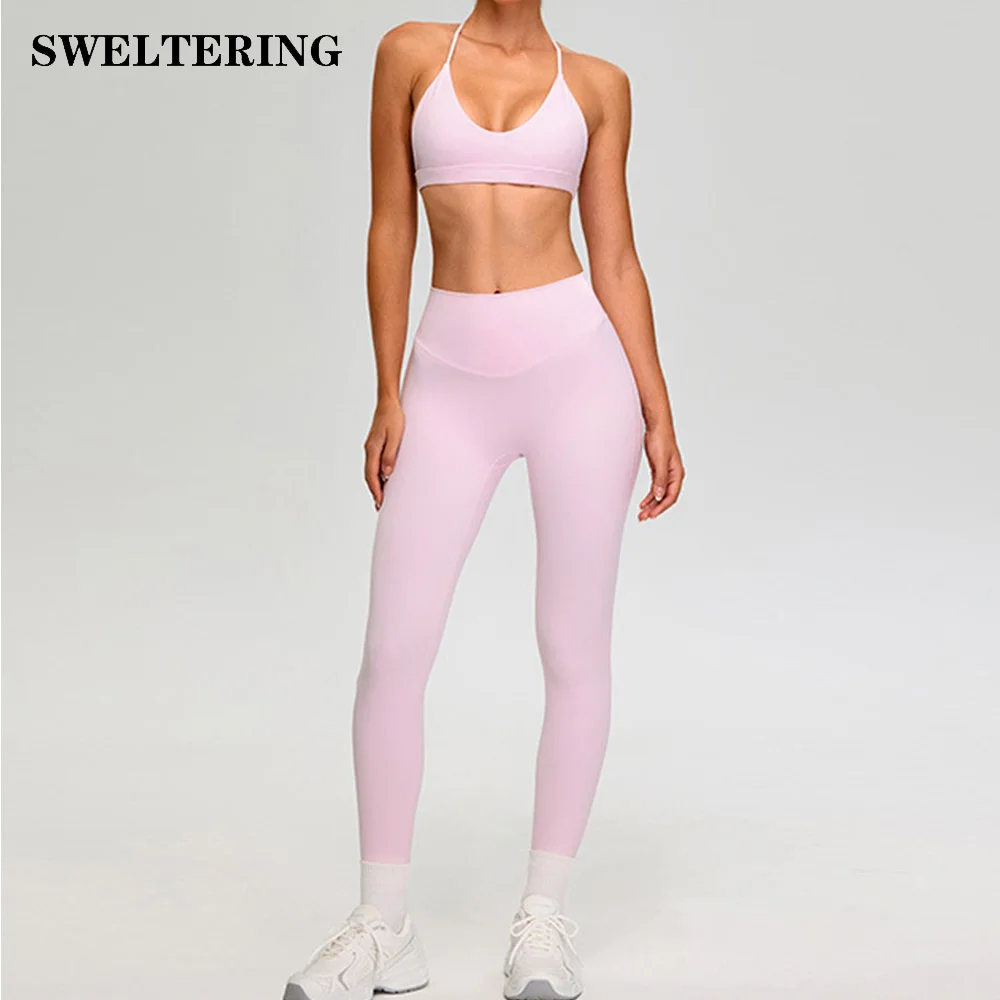 Athletic Wear Women Yoga Set 2PCS Workout Outfits Yoga Sportswear Tracksuit Leggings And Thin Shoulder Strap Stretch Sports Bra