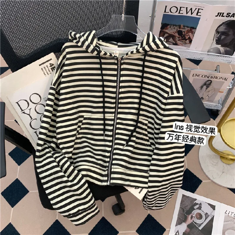 Short Striped Hooded Zip-up Cardigan Jacket for Women Women Vintage  Harajuku Casual Long Sleeve Loose Hooded Sweatshirts Y2k