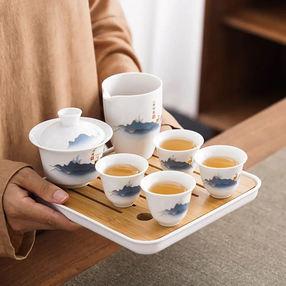 Ceramic Chinese Kung Fu Tea Set，Suitable For Travel Camping Portable  Gaiwan Tea Tray With 4 Tea Cups，tea infuser view 3