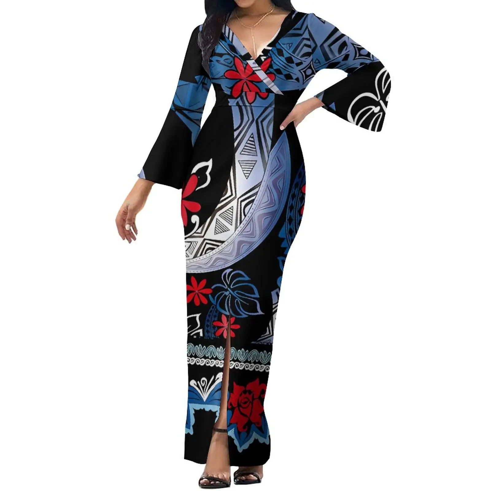 Women's V-Neck Flared Sleeve Slim Package Hip Split Dress Polynesian Women's Banquet Dress Elegant Long Skirt Samoan Tribal