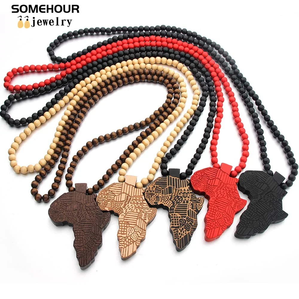 SOMEHOUR Fashion Africa Map Necklace For Men And Women Engraved Wooden Pendant Beads String Chians Charms Dangle Hiphop Jewelry