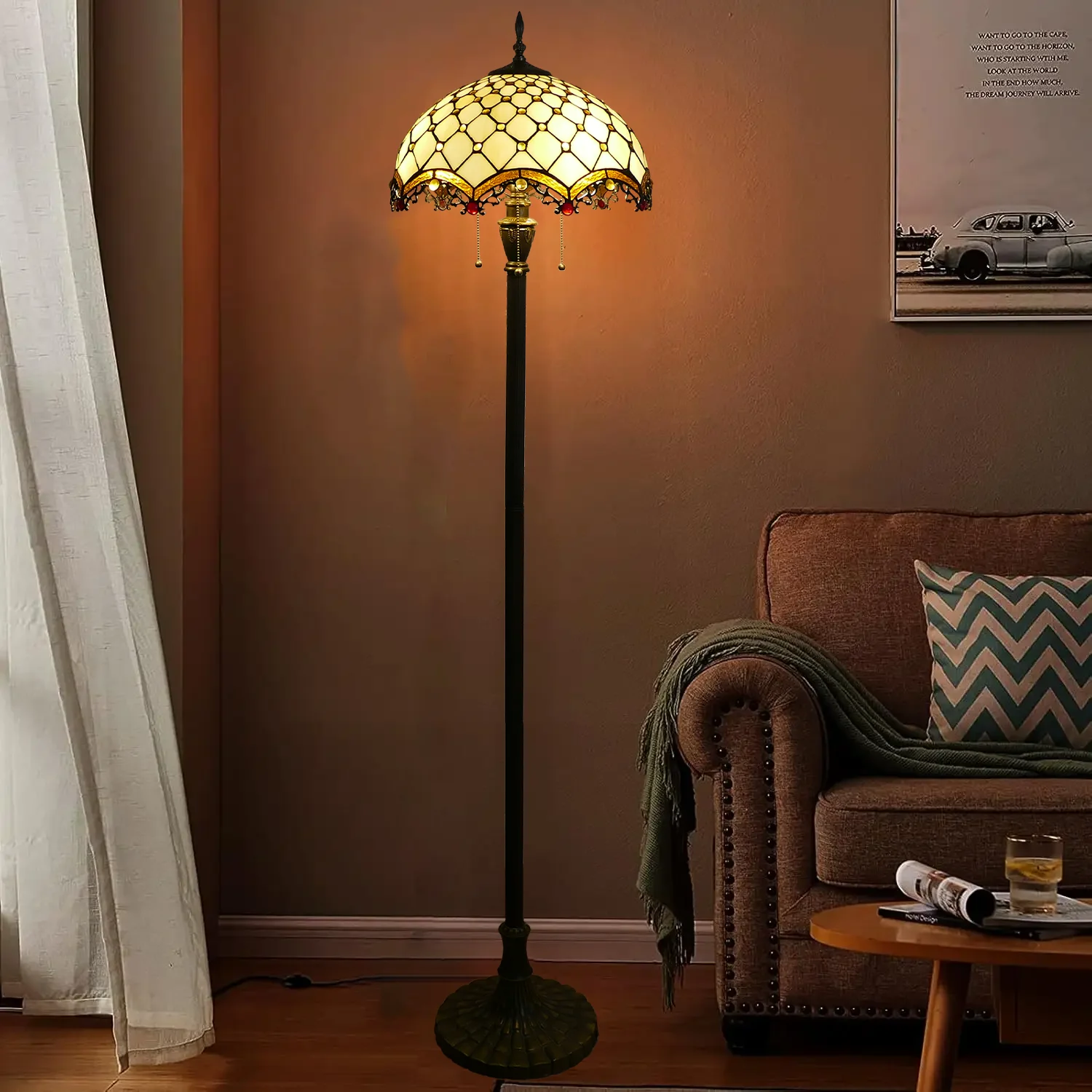 @#Modern Floor Lamps with Stained Glass Shade LED Light Source Iron Body for Living Room or Hotel Decoration Wholesale