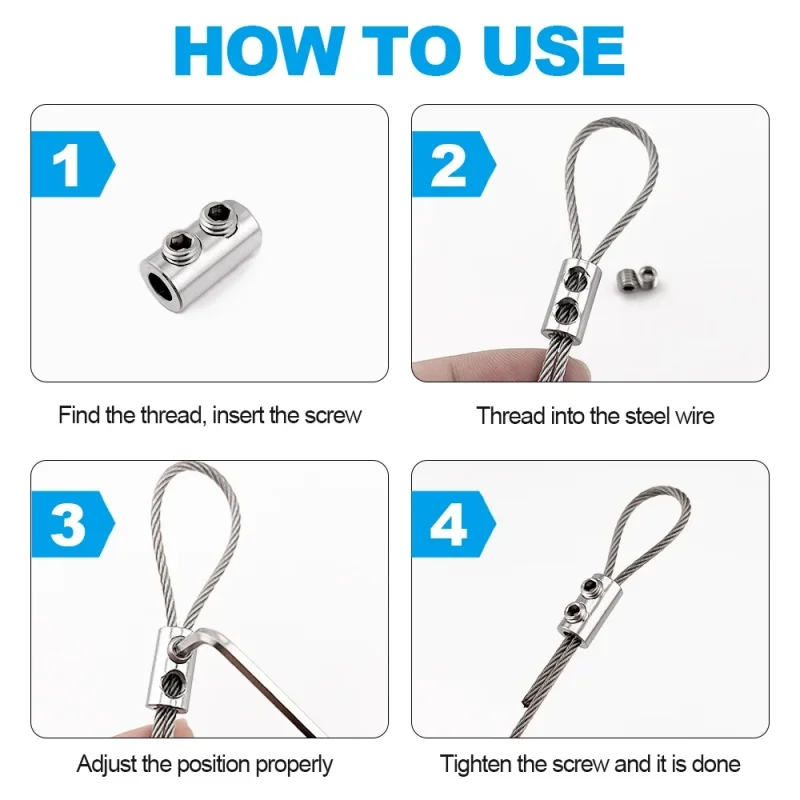 

65Pcs Stainless Steel Wire Rope Locks Double-Hole Clamps - Adjustable | For Home DIY, Camping