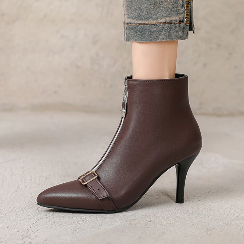 

ORCHALISA/Новые женские ботильоны, модная обувь, туфли на шпильке 8 см, острый носок, пряжки, молния спереди, искусственная кожа, большой размер 42 43