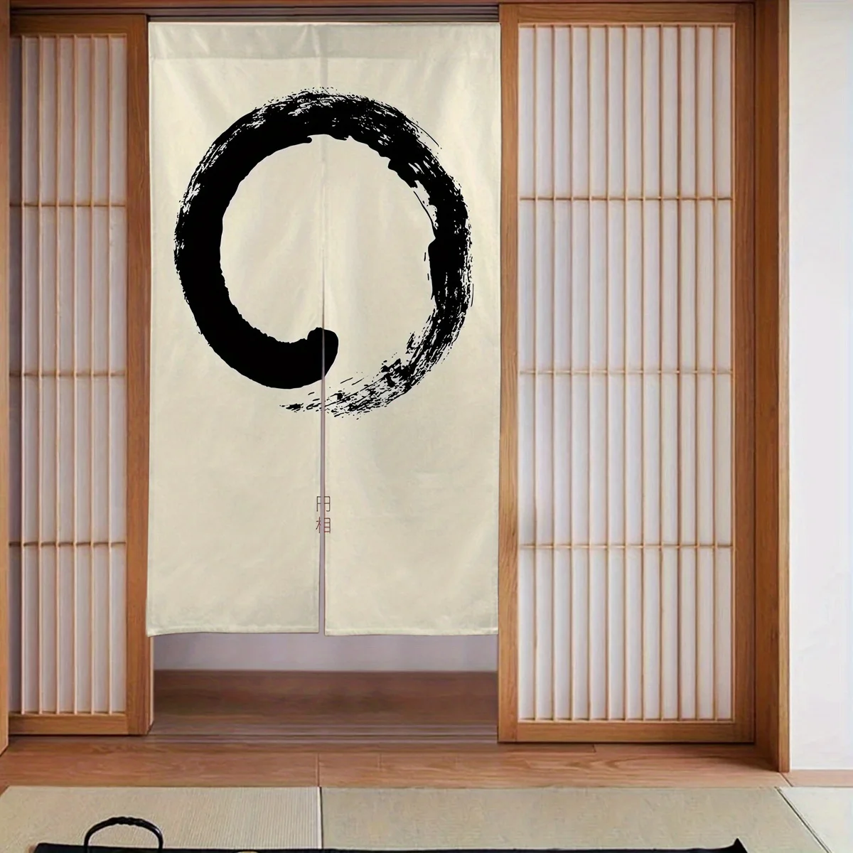 Japanese Zen Enso Noren Curtain, Beige Background Ink Brush Circle Print, Oriental Zen Decor Room Divider for Home & Tea Room