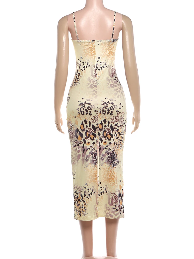 Werid Puss Sexy Sling-Kleid für Damen, Leopardenmuster, tiefer Ausschnitt, rückenfrei, tailliert, Hot Girls High Street Style, klassisches langes Bodycon-Kleid – Detail 5