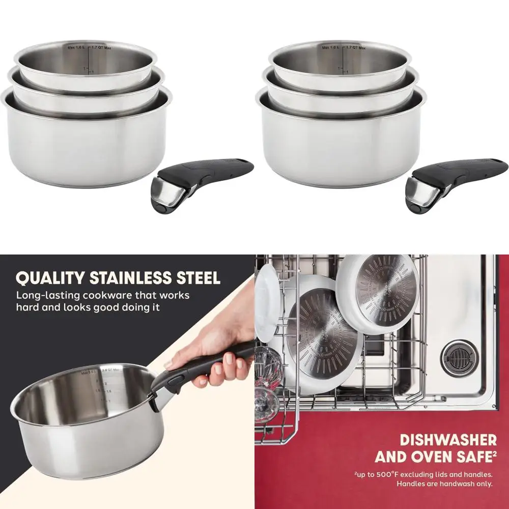 

4-Piece Stainless Steel Induction Cookware Set, Oven & Dishwasher Safe, Stackable, Ideal for RV and Camping, Detachable Handle,